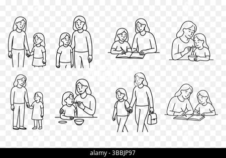 Mother and Daughter Line Art Vector Set – Parenting, Education, and Daily Life Scenes Stock Vector