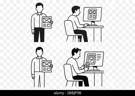 Minimal Line Art of UI/UX Designers Working on Website and App Wireframes Stock Vector