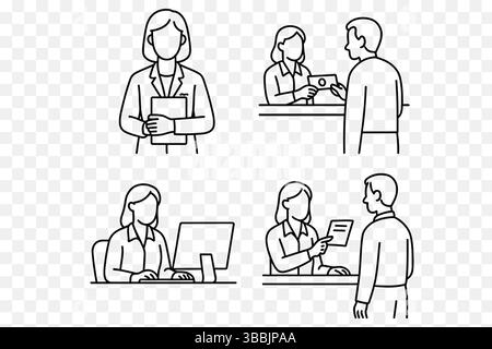 Reception & Front Desk Interaction Line Art – Professional Vector Illustrations Stock Vector