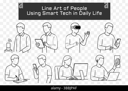 Smart Technology in Everyday Life – Minimalist Line Art Illustration Set Stock Vector