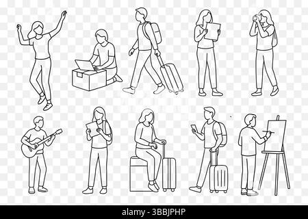 Modern Travel & Creative Activities Minimalist Line Art Illustration Set Stock Vector