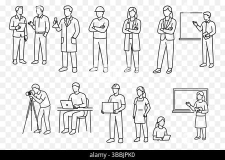 Minimalist Line Art Set of Diverse Professions – Doctor, Teacher, Engineer, Photographer, Office Worker, and More Stock Vector