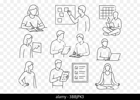 Minimalist Line Art Illustrations of Productivity, Planning, and Work-Life Balance Stock Vector