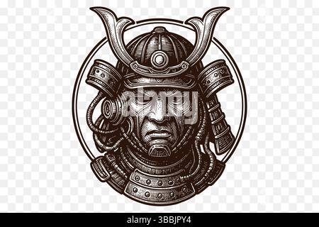 Engraved Samurai Warrior Head in Traditional Helmet – Vintage Line Art Illustration Stock Vector