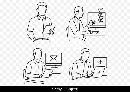 Remote Work & Online Communication Line Art Set – Minimalist Business Vectors Stock Vector
