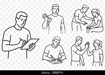 Personal Trainer & Fitness Coach Line Art Vector Set – Gym Training, Health Guidance & Workout Planning Stock Vector
