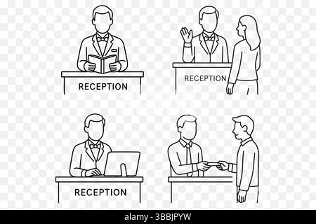 Male Receptionist Line Art Set – Hotel & Office Front Desk Vector Illustrations Stock Vector