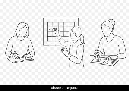 Minimalist Line Art of Women Planning, Writing, and Organizing Tasks Stock Vector