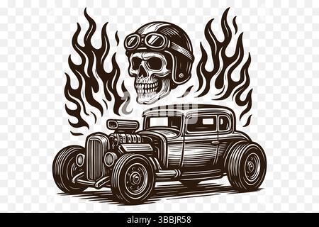 Vintage Skull and Hot Rod Car Illustration with Flames – Retro Tattoo Style Stock Vector