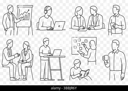 Modern Office Workers in Daily Activities – Minimalist Line Art Set Stock Vector