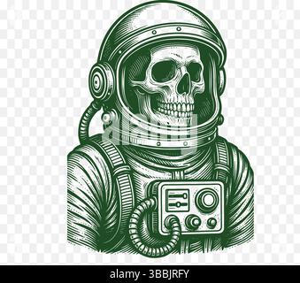Vintage Skull Astronaut Illustration – Retro Sci-Fi Space Art Stock Vector