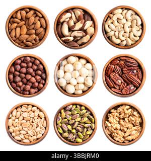 Shelled nuts in wooden bowls. Almonds, Brazil nuts, cashews in 1st row, hazelnuts, macadamias, pecans in 2nd, peanuts, pistachios, and walnuts in 3rd. Stock Photo