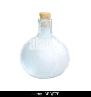 Empty glass flask with stopper. Watercolor illustration. round bottle with narrow neck, isolated on white background. For perfumes, oils, aromatherapy Stock Photo
