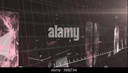 Displaying translucent data panels floating in 3D space, with numeric labels and light flare Stock Photo