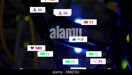 Featuring black Ethernet cables draping across data center rack, with blue LEDs and social icons Stock Photo