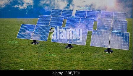 Showcasing solar panel array generating power on green field at rural solar farm, with data overlay Stock Photo