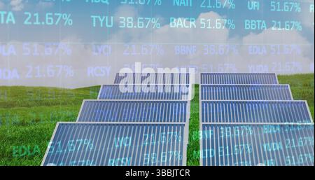 Showcasing solar panel array generating power on green field at rural solar farm, with data overlay Stock Photo