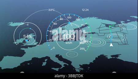 Displaying central speedometer gauge reading 100 km or h on HUD-style Europe map, with battery gauge Stock Photo