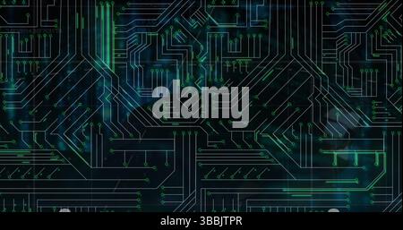 Image of microprocessor connections over male hacker using laptop Stock Photo