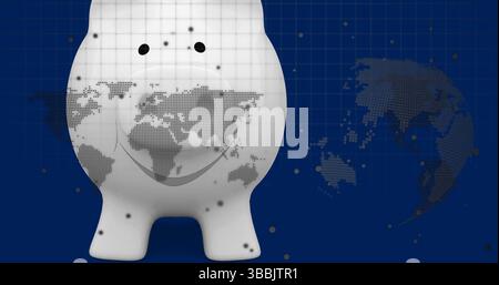 White piggy bank displaying dotted world map on blue background, with grid lines and globe motifs Stock Photo