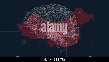 Image of brain rotating over map on black background Stock Photo