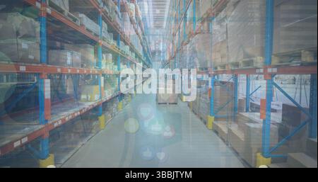 Image of multiple profile icons and statistical data processing against empty warehouse Stock Photo