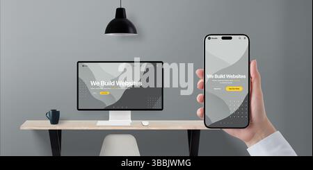 Digital transformation concept with responsive business website shown on phone and desktop display, hand holding device in modern office Stock Photo