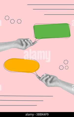 Collage of woman hands pointing colored speech bubble on a pink background with lines and hexagons Stock Photo