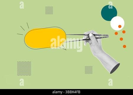 Collage of woman hand holding a speech bubble with chopsticks on a green background with colored circles Stock Photo