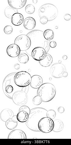 Blue water bubbles of different sizes and tones in a chaotic order. Watercolor illustration drawn by hand. Seamless border vertical, pattern Stock Vector