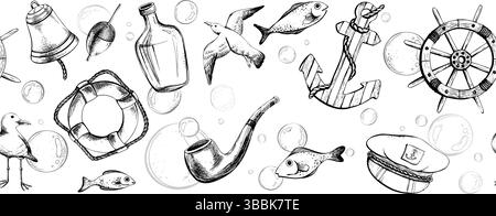 Steering wheel, lifebuoy, sea gulls, captain s cap, fish, water bladders, anchor, bottle of rum, tobacco pipe, ship s bell. Watercolor hand-drawn Stock Vector