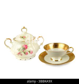 Porcelain vintage cup and sugar bowl porcelain vintage isolated on white background. Vintage Bavarian teaware. Free space for text. Collage. Stock Photo