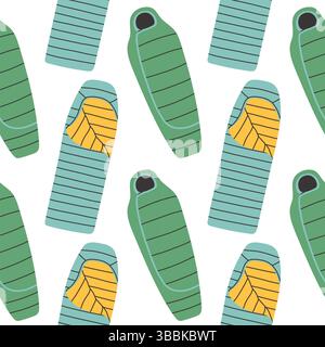Sleeping bag seamless pattern on white background. Summer camp pattern design in hand drawn flat style for scrapbooking, textile, wrapping, banner Stock Vector