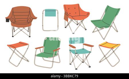 Camping or fishing chair set. Summer portable outdoor furniture for traveling. Climbing, hiking, trakking sport, adventure tourism, travel Stock Vector