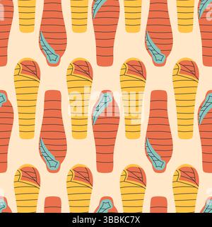 Sleeping bag seamless pattern on beige background. Summer camp pattern design in hand drawn flat style for scrapbooking, textile, wrapping, banner Stock Vector