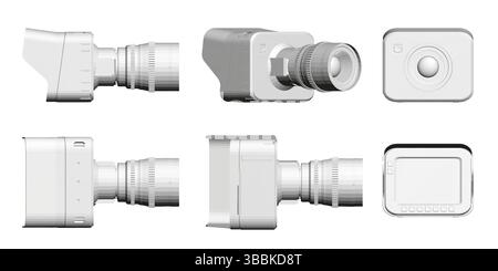 A series of images of different types of cameras. The first image is a close up of a camera lens, the second is a close up of a camera body, the third Stock Vector