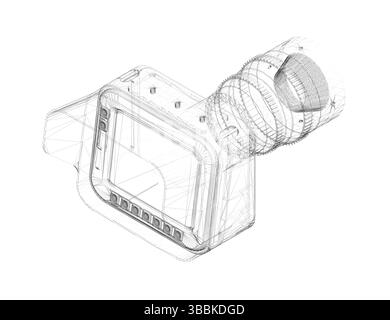 A digital camera with a screen and a camera lens. The camera is a high-quality model with advanced features and a sleek design. The screen displays va Stock Vector