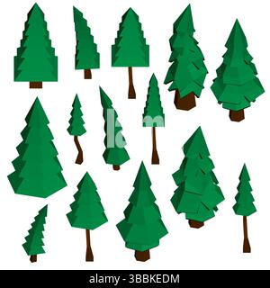 A collection of green trees in various sizes and shapes. The trees are all made of paper and are arranged in a row Stock Vector
