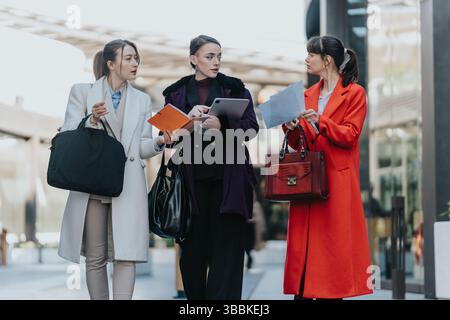 Three Businesswomen Collaborating Outdoors and Discussing Documents Stock Photo