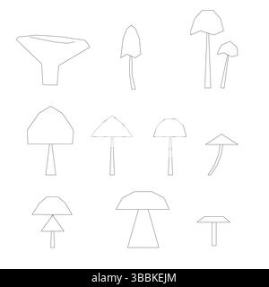 A series of drawings of mushrooms. The mushrooms are all different shapes and sizes. Scene is whimsical and playful Stock Vector