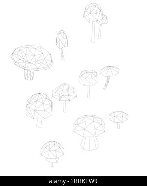 A drawing of mushrooms with a white background. Mushrooms are drawn in a similar style. Scene is one of nature. Isometric view, 3D Stock Vector