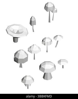 A bunch of mushrooms are shown in a white background. The mushrooms are all different sizes and shapes, and they are scattered throughout the image. I Stock Vector