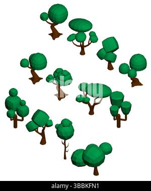 A collection of trees in various sizes and shapes. The trees are all green and are scattered throughout the image. Isometric view. 3D Stock Vector