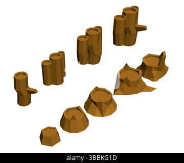 A series of brown wooden objects are shown in a row, with some of them being more rounded and others more angular. Scene is rustic and natural, with t Stock Vector
