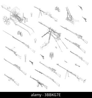 A collection of guns and a gun with a tripod. The guns are all different sizes and shapes. Isometric view. 3D Stock Vector