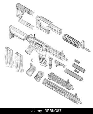 A close up of a gun with the barrel and magazine removed. The gun is a rifle. The image is black and white. Isometric view. 3D Stock Vector