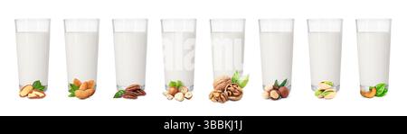 Different types of nut milk in glasses isolated on white, set Stock Photo