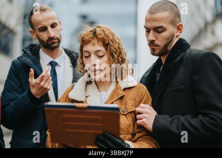 Three colleagues discussing over a clipboard outdoors in a professional setting Stock Photo