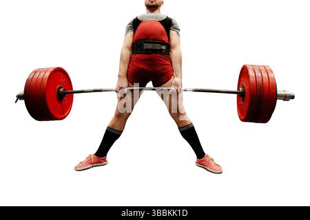 athlete heaviest barbell at deadlift competition isolated on white background Stock Photo