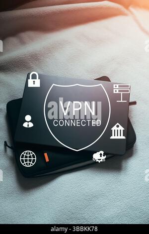 VPN Virtual Private network protocol concept. Laptop with VPN interface. Online system network. Stock Photo